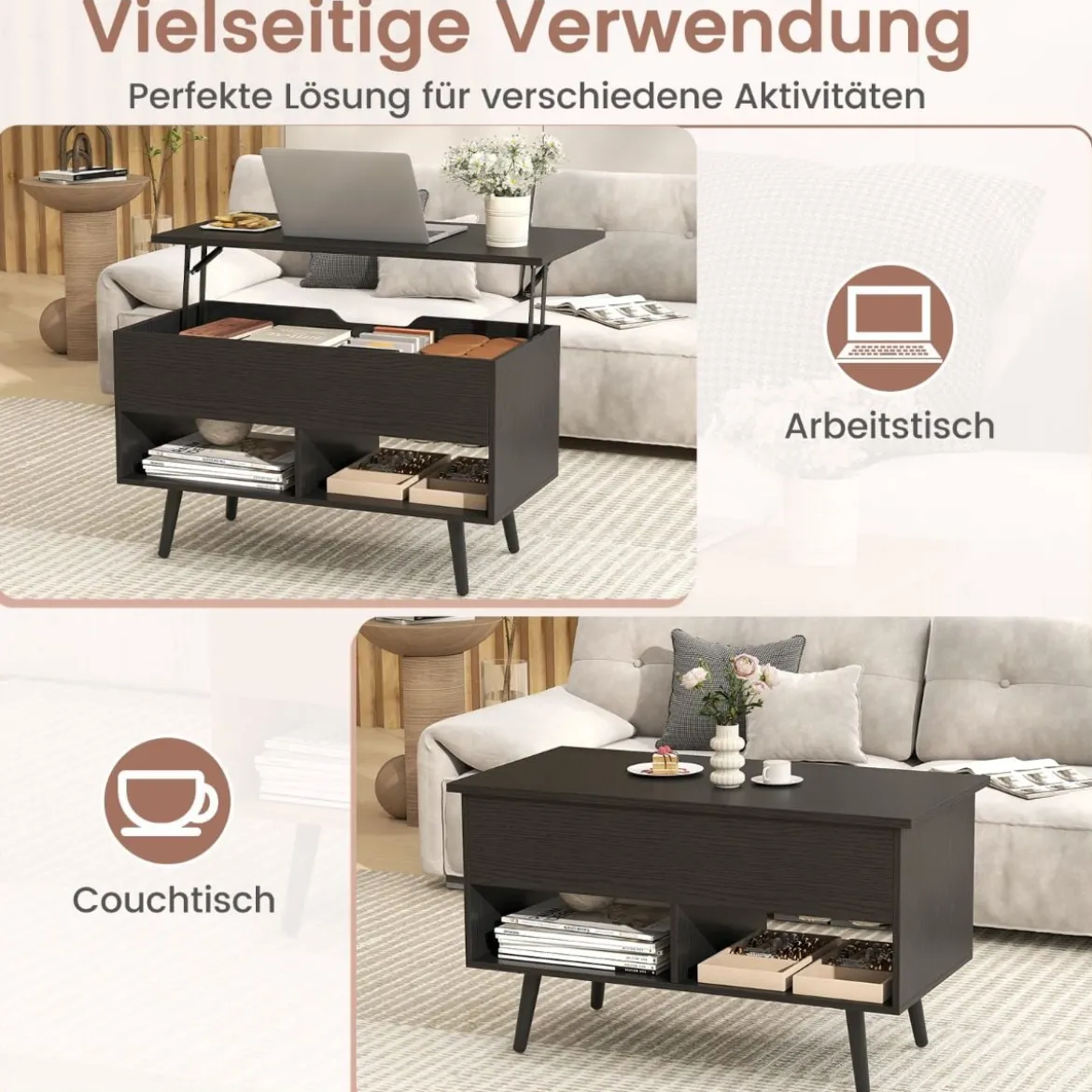 Höhenverstellbarer Couchtisch mit anhebbarer Tischplatte & 2 offenen Regalen Sofatisch Schwarz