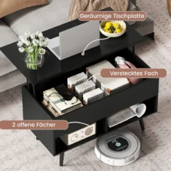 Höhenverstellbarer Couchtisch mit anhebbarer Tischplatte & 2 offenen Regalen Sofatisch Schwarz
