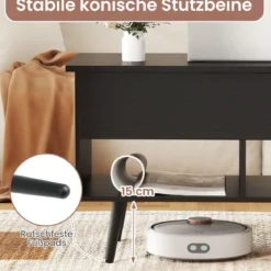 Höhenverstellbarer Couchtisch mit anhebbarer Tischplatte & 2 offenen Regalen Sofatisch Schwarz