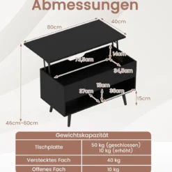Höhenverstellbarer Couchtisch mit anhebbarer Tischplatte & 2 offenen Regalen Sofatisch Schwarz