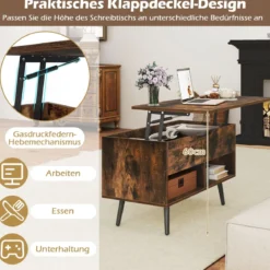 Höhenverstellbarer Couchtisch mit Anhebbarer Tischplatte & 2 Offenen Regalen Sofatisch Rustikales Braun