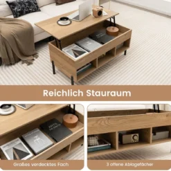 Höhenverstellbarer Couchtisch mit Anhebbarer Tischplatte & 3 Offenen Fächern Natur