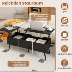Höhenverstellbarer Couchtisch mit Anhebbarer Tischplatte & 2 Versteckten Ablagefächern Beistelltisch
