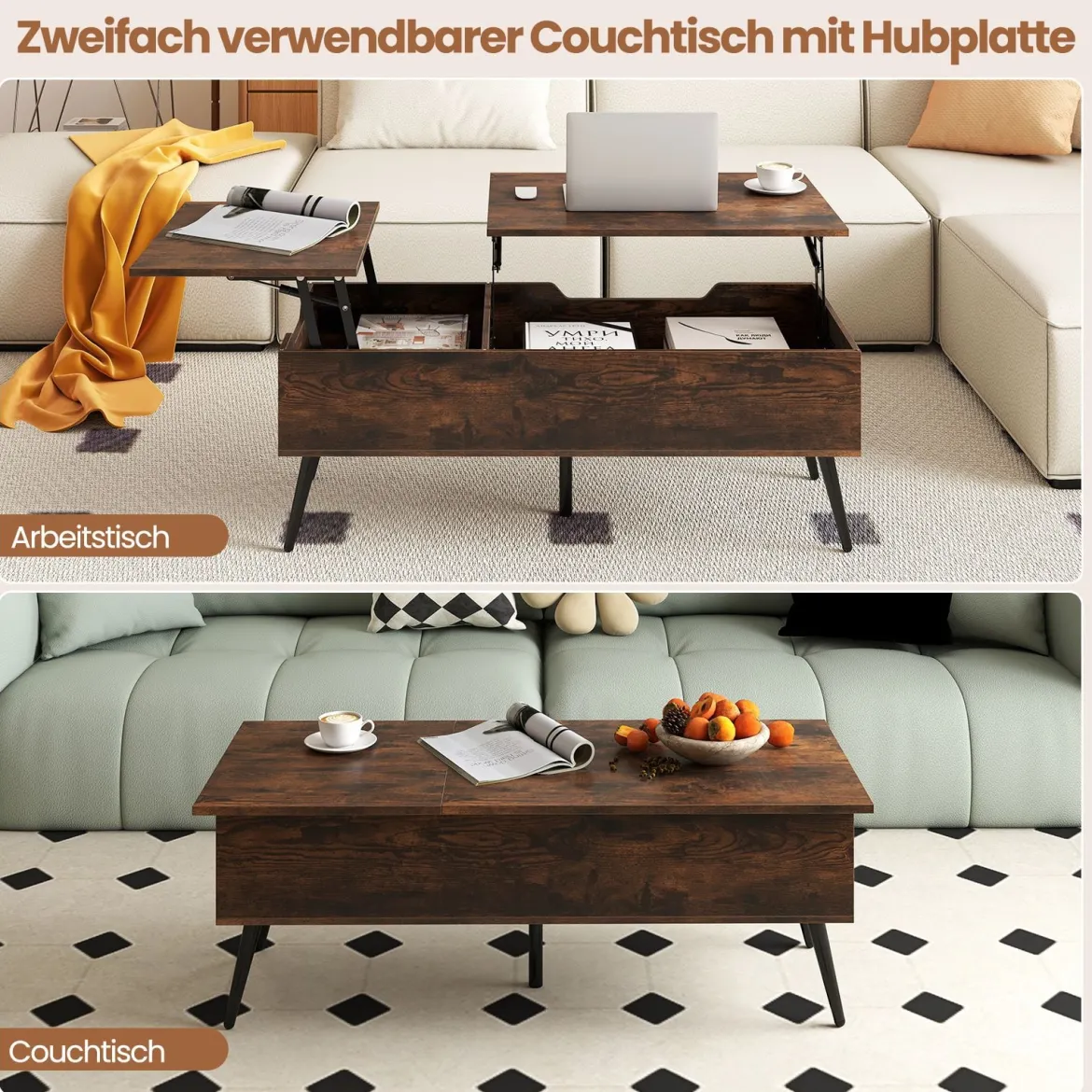 Höhenverstellbarer Couchtisch mit Anhebbarer Tischplatte & 2 Versteckten Ablagefächern Beistelltisch