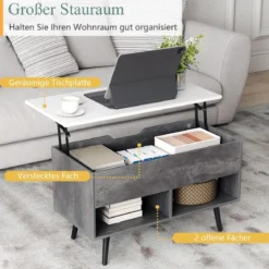 Höhenverstellbarer Couchtisch mit Anhebbarer Tischplatte & 2 Offenen Regalen Sofatisch Grau