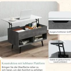 Höhenverstellbarer Couchtisch mit Anhebbarer Tischplatte & 2 Offenen Regalen Sofatisch Grau