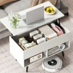 Höhenverstellbarer Couchtisch mit Anhebbarer Tischplatte & 2 Offenen Regalen Sofatisch Weiß