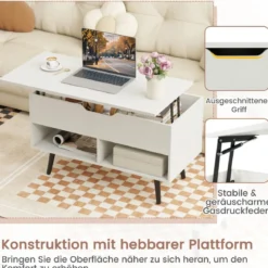 Höhenverstellbarer Couchtisch mit Anhebbarer Tischplatte & 2 Offenen Regalen Sofatisch Weiß
