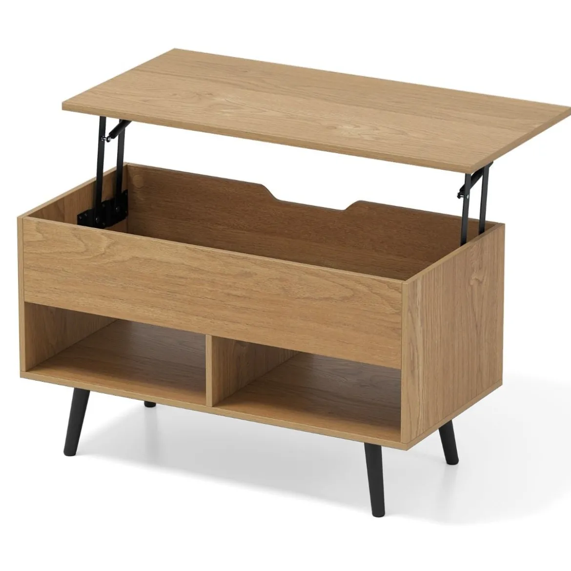 Höhenverstellbarer Couchtisch mit Anhebbarer Tischplatte & 2 Offenen Regalen Sofatisch Natur