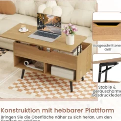 Höhenverstellbarer Couchtisch mit Anhebbarer Tischplatte & 2 Offenen Regalen Sofatisch Natur