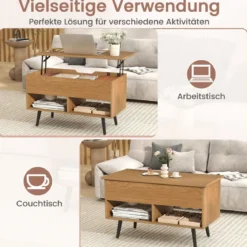 Höhenverstellbarer Couchtisch mit Anhebbarer Tischplatte & 2 Offenen Regalen Sofatisch Natur