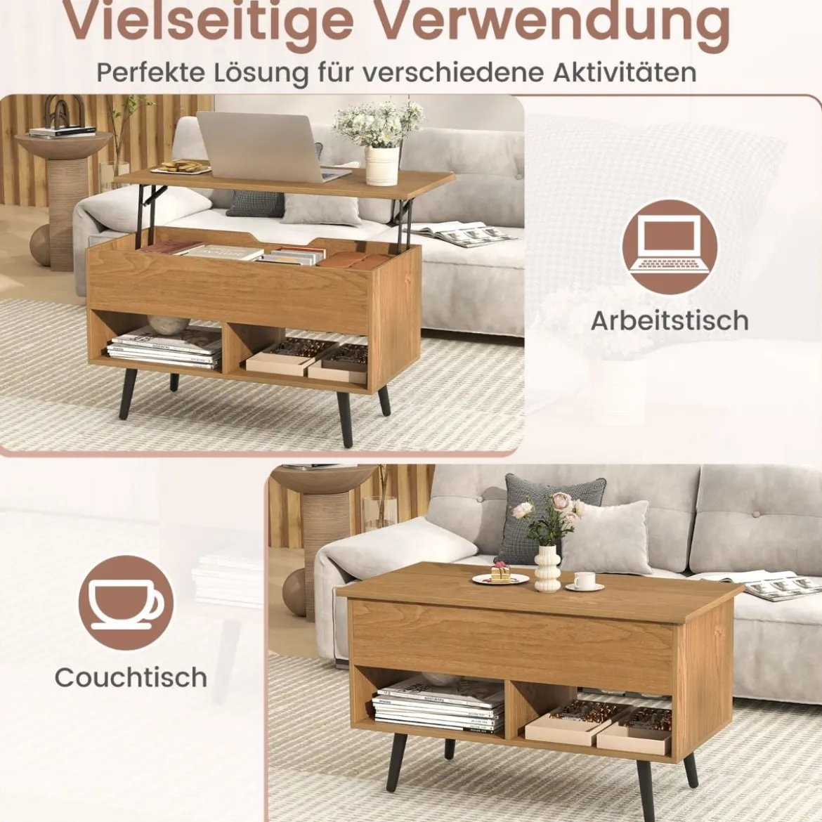 Höhenverstellbarer Couchtisch mit Anhebbarer Tischplatte & 2 Offenen Regalen Sofatisch Natur