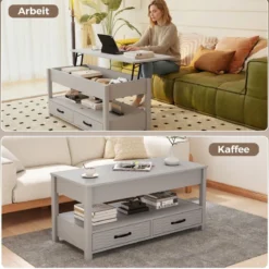Höhenverstellbarer Couchtisch mit Anhebbarer Tischplatte & 2 Schubladen Sofatisch Kafeetisch