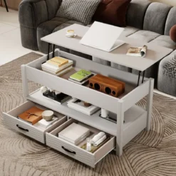 Höhenverstellbarer Couchtisch mit Anhebbarer Tischplatte & 2 Schubladen Sofatisch Kafeetisch