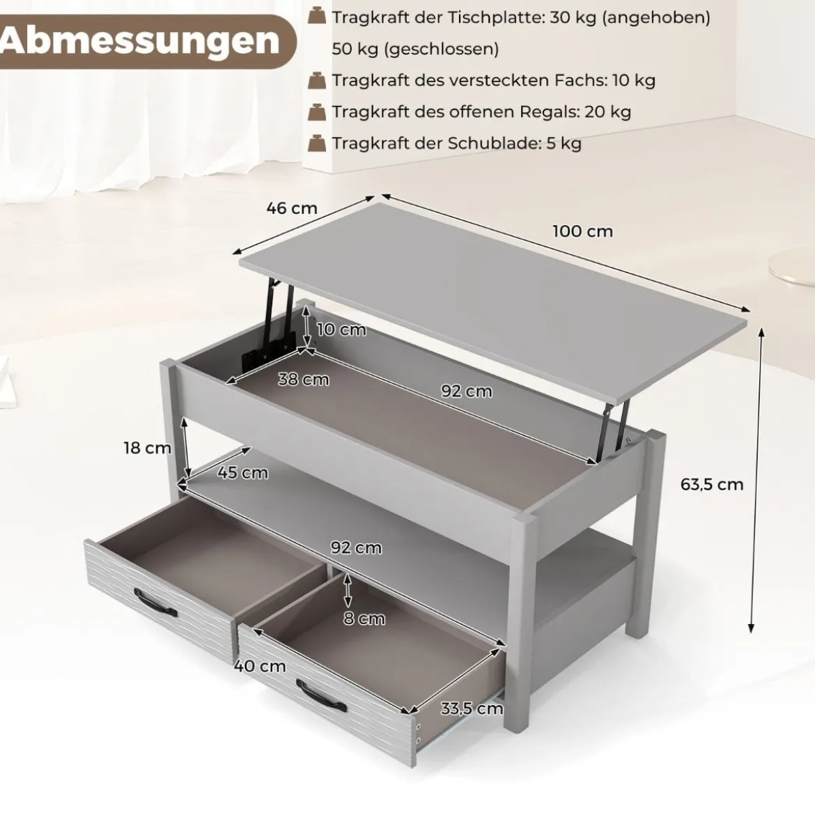 Höhenverstellbarer Couchtisch mit Anhebbarer Tischplatte & 2 Schubladen Sofatisch Kafeetisch