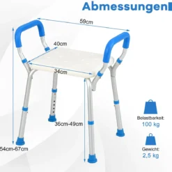 Höhenverstellbarer Duschhocker Alu Duschbank 100kg Tragkraft mit Rutschfesten Gummifüßen Blau