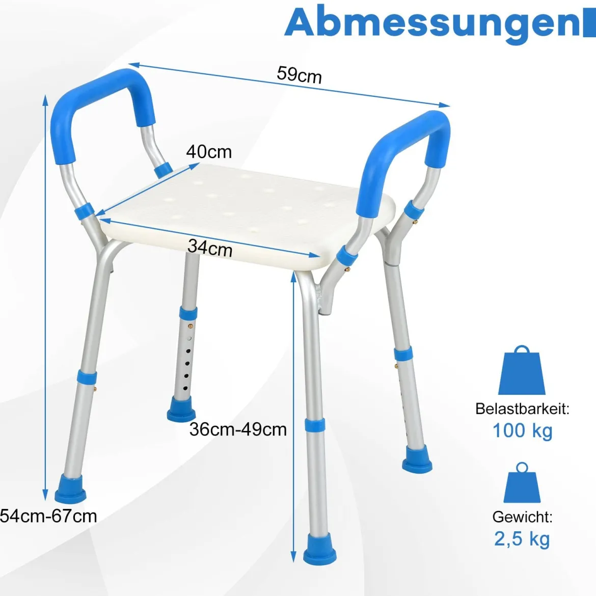 Höhenverstellbarer Duschhocker Alu Duschbank 100kg Tragkraft mit Rutschfesten Gummifüßen Blau