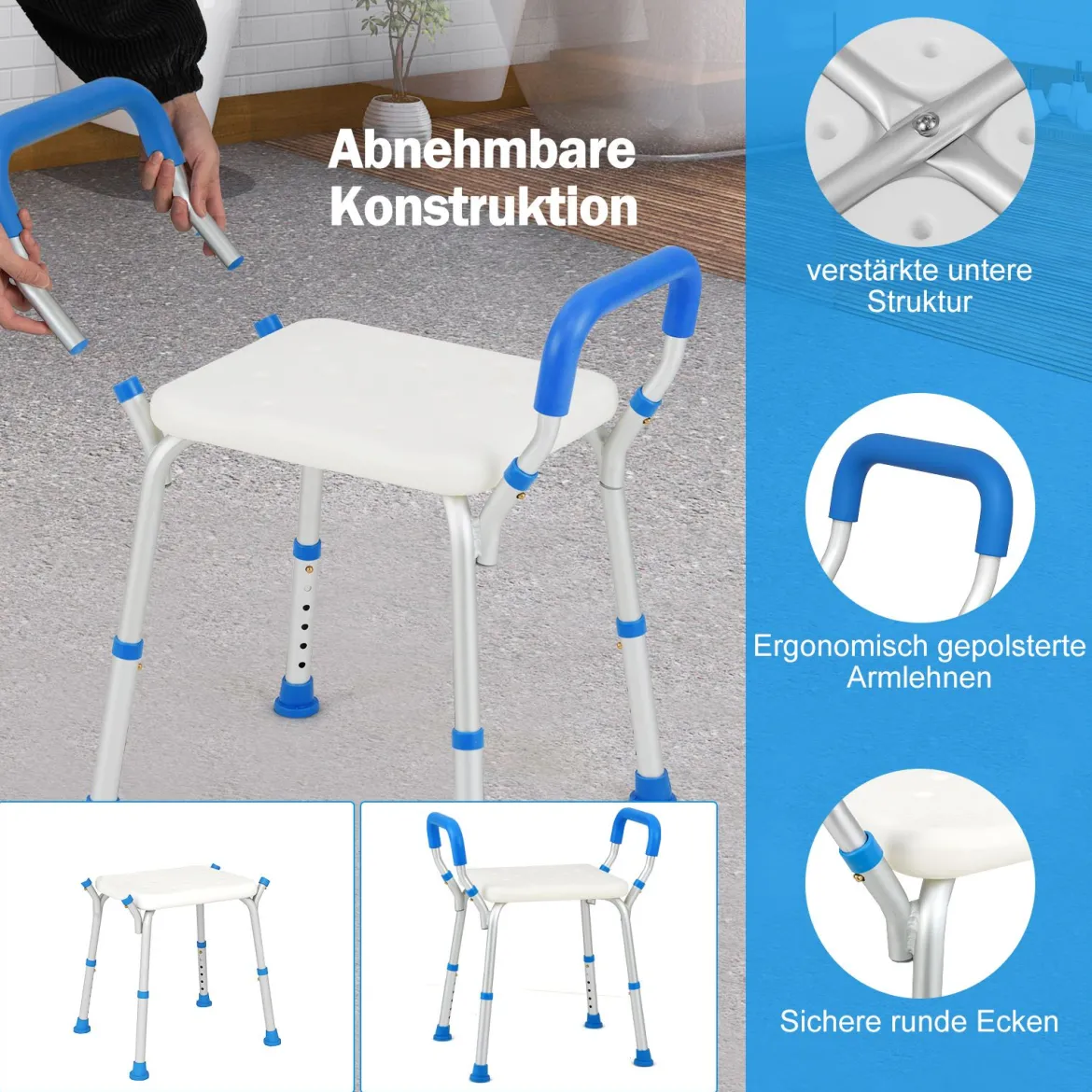 Höhenverstellbarer Duschhocker Alu Duschbank 100kg Tragkraft mit Rutschfesten Gummifüßen Blau