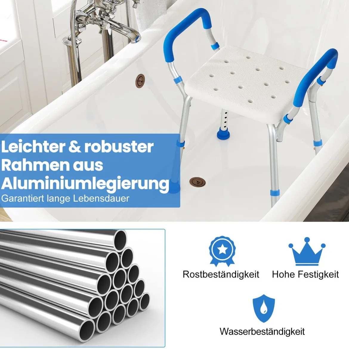 Höhenverstellbarer Duschhocker Alu Duschbank 100kg Tragkraft mit Rutschfesten Gummifüßen Blau