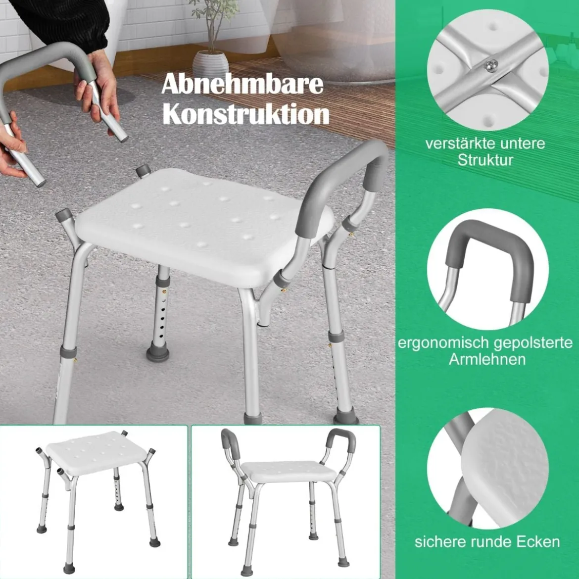 Höhenverstellbarer Duschhocker aus Alu mit Armlehnen & Rutschfesten Gummifüßen