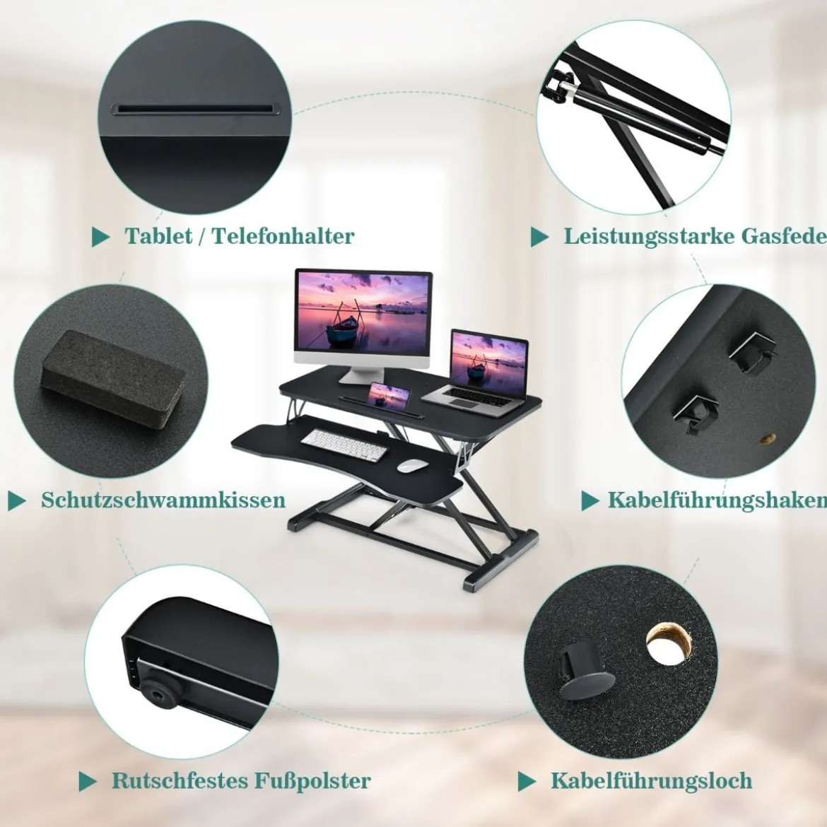 Höhenverstellbarerer Sitz-Steh-Schreibtisch Bildschirmständer Stehpult 80 x 64 x 11-50,5 cm Schwarz