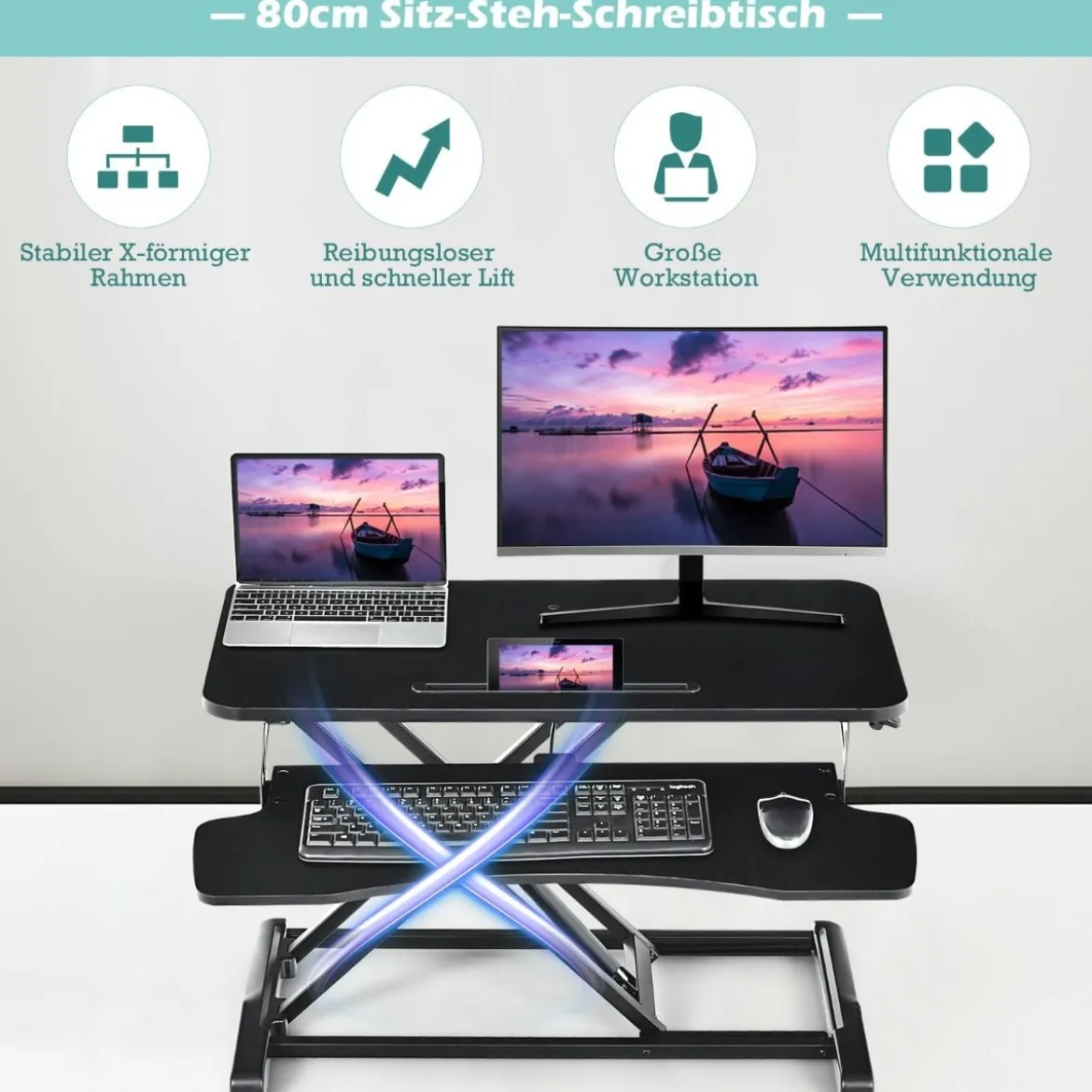 Höhenverstellbarerer Sitz-Steh-Schreibtisch Bildschirmständer Stehpult 80 x 64 x 11-50,5 cm Schwarz