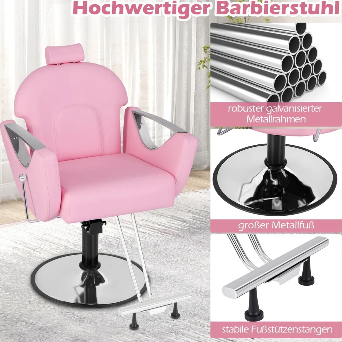 Höhenverstellbarer Friseurstuhl mit Kopfstütze & Hydraulikpumpe 360° Drehbarer Salonstuhl Rosa
