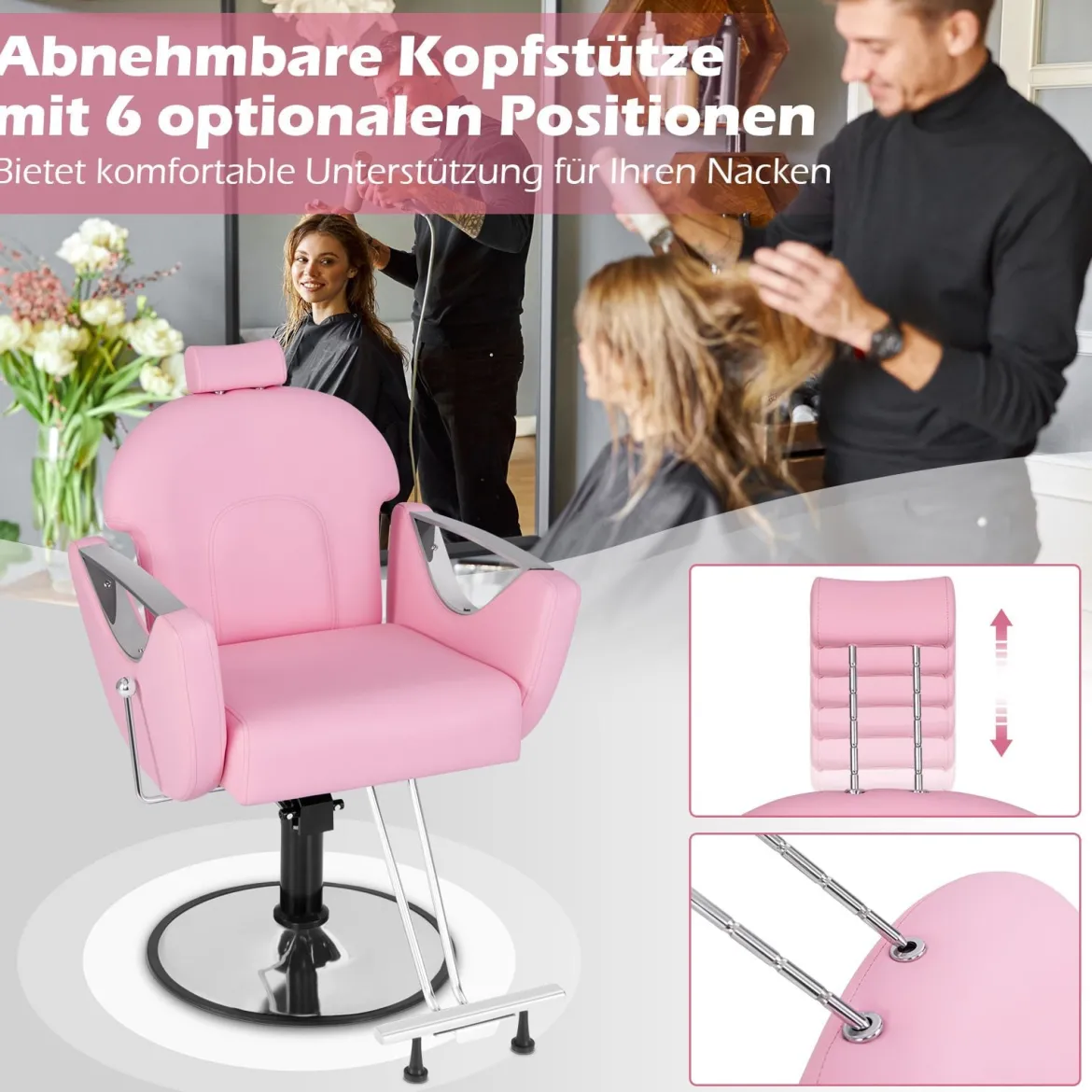 Höhenverstellbarer Friseurstuhl mit Kopfstütze & Hydraulikpumpe 360° Drehbarer Salonstuhl Rosa