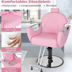 Höhenverstellbarer Friseurstuhl mit Kopfstütze & Hydraulikpumpe 360° Drehbarer Salonstuhl Rosa
