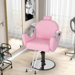 Höhenverstellbarer Friseurstuhl mit Kopfstütze & Hydraulikpumpe 360° Drehbarer Salonstuhl Rosa