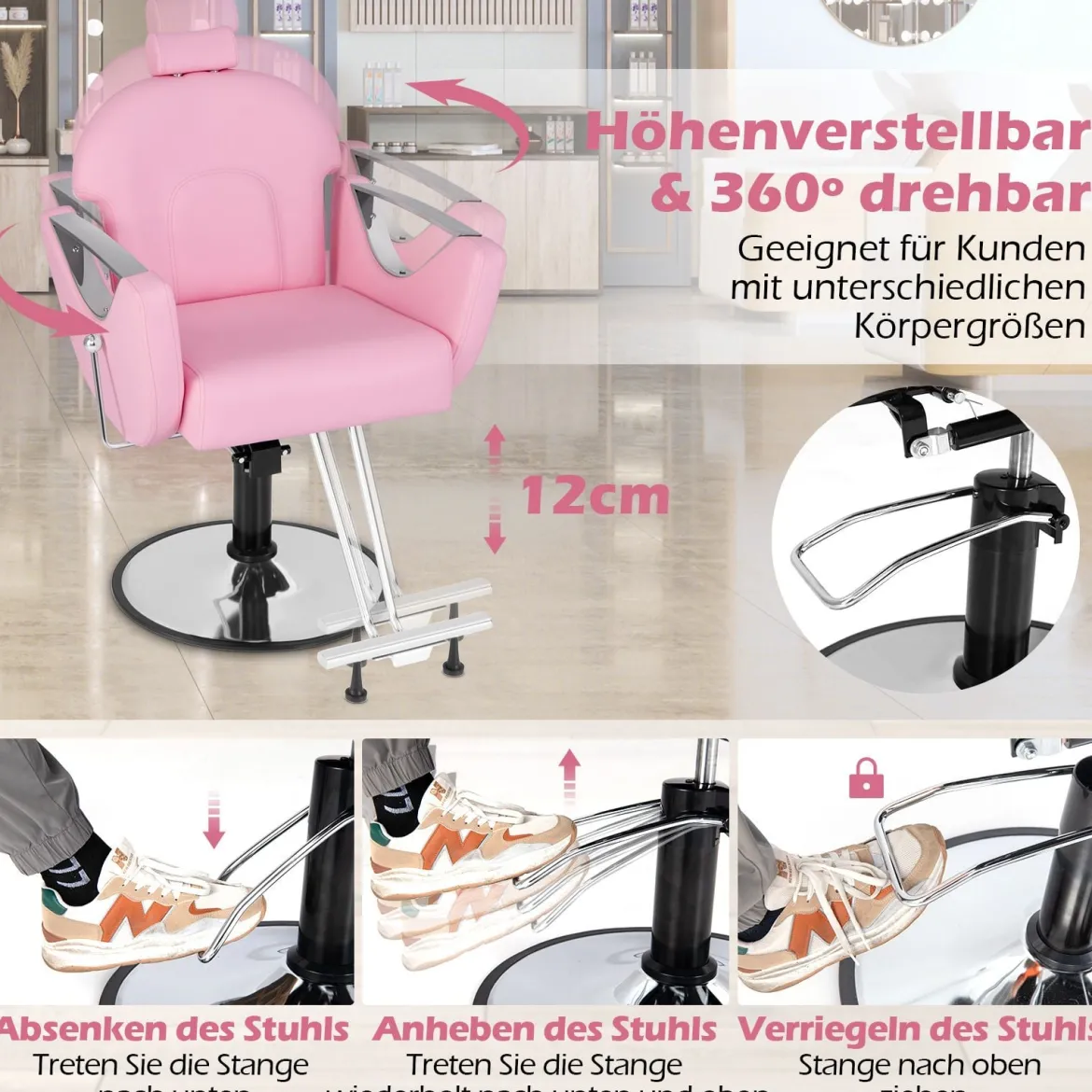 Höhenverstellbarer Friseurstuhl mit Kopfstütze & Hydraulikpumpe 360° Drehbarer Salonstuhl Rosa
