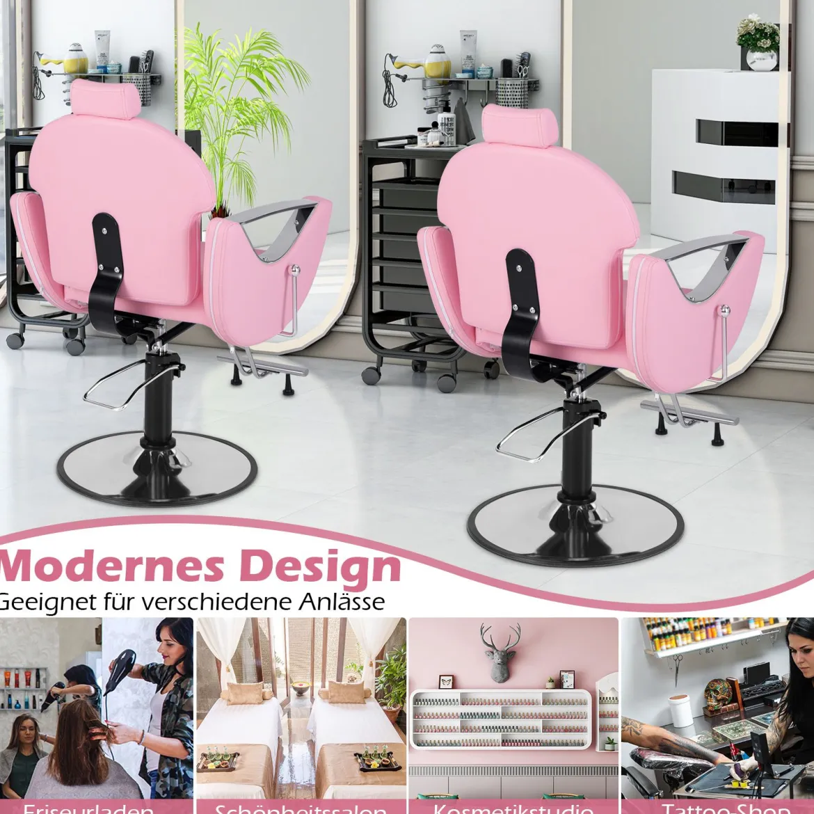 Höhenverstellbarer Friseurstuhl mit Kopfstütze & Hydraulikpumpe 360° Drehbarer Salonstuhl Rosa