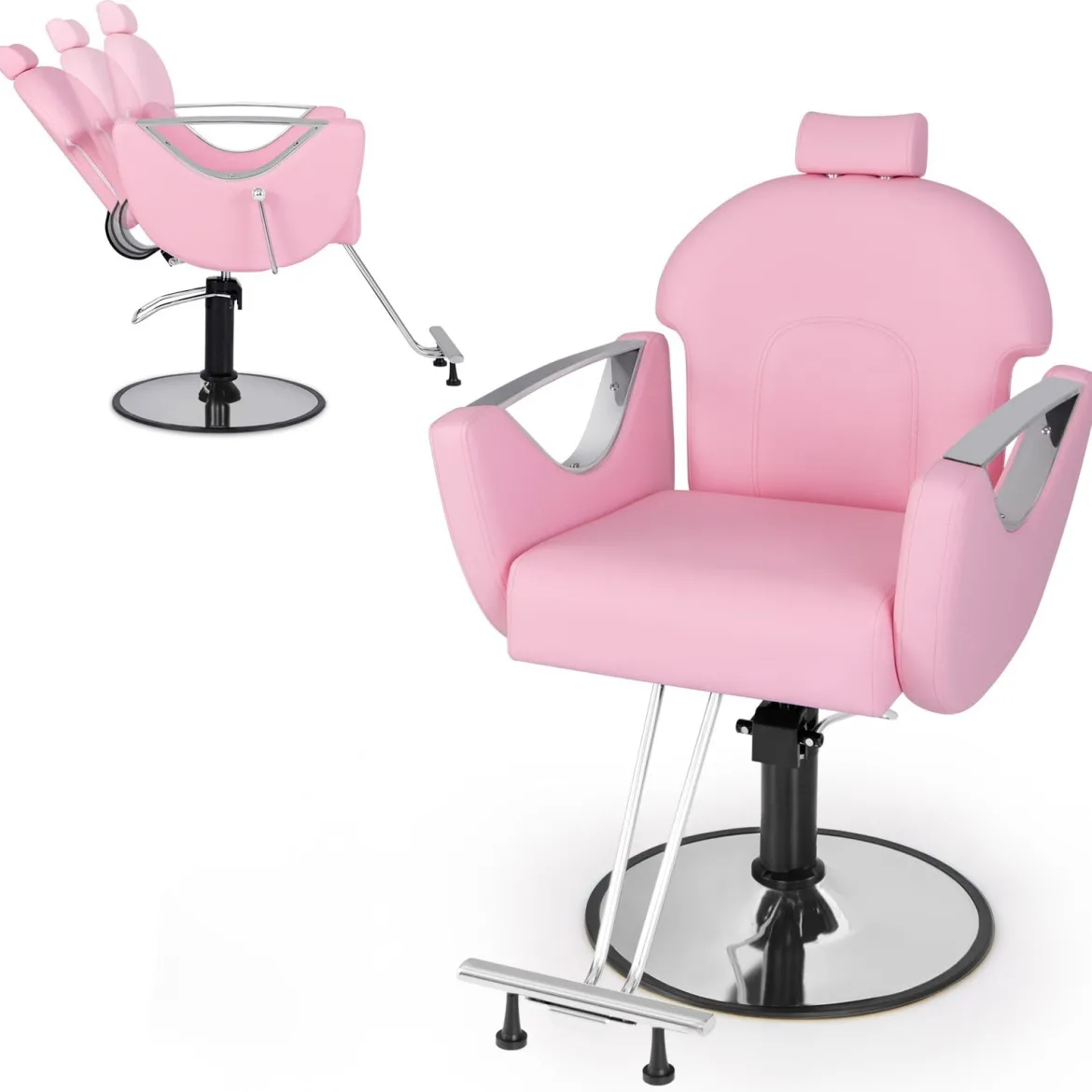 Höhenverstellbarer Friseurstuhl mit Kopfstütze & Hydraulikpumpe 360° Drehbarer Salonstuhl Rosa