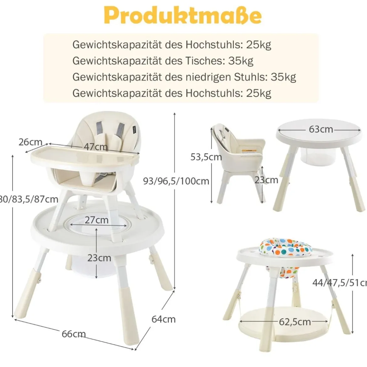 Höhenverstellbarer 6-in-1 Babyhochstuhl Beige Hochstuhl & Essenstuhl & Kindersitzgruppe