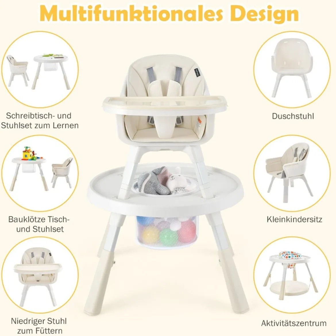 Höhenverstellbarer 6-in-1 Babyhochstuhl Beige Hochstuhl & Essenstuhl & Kindersitzgruppe