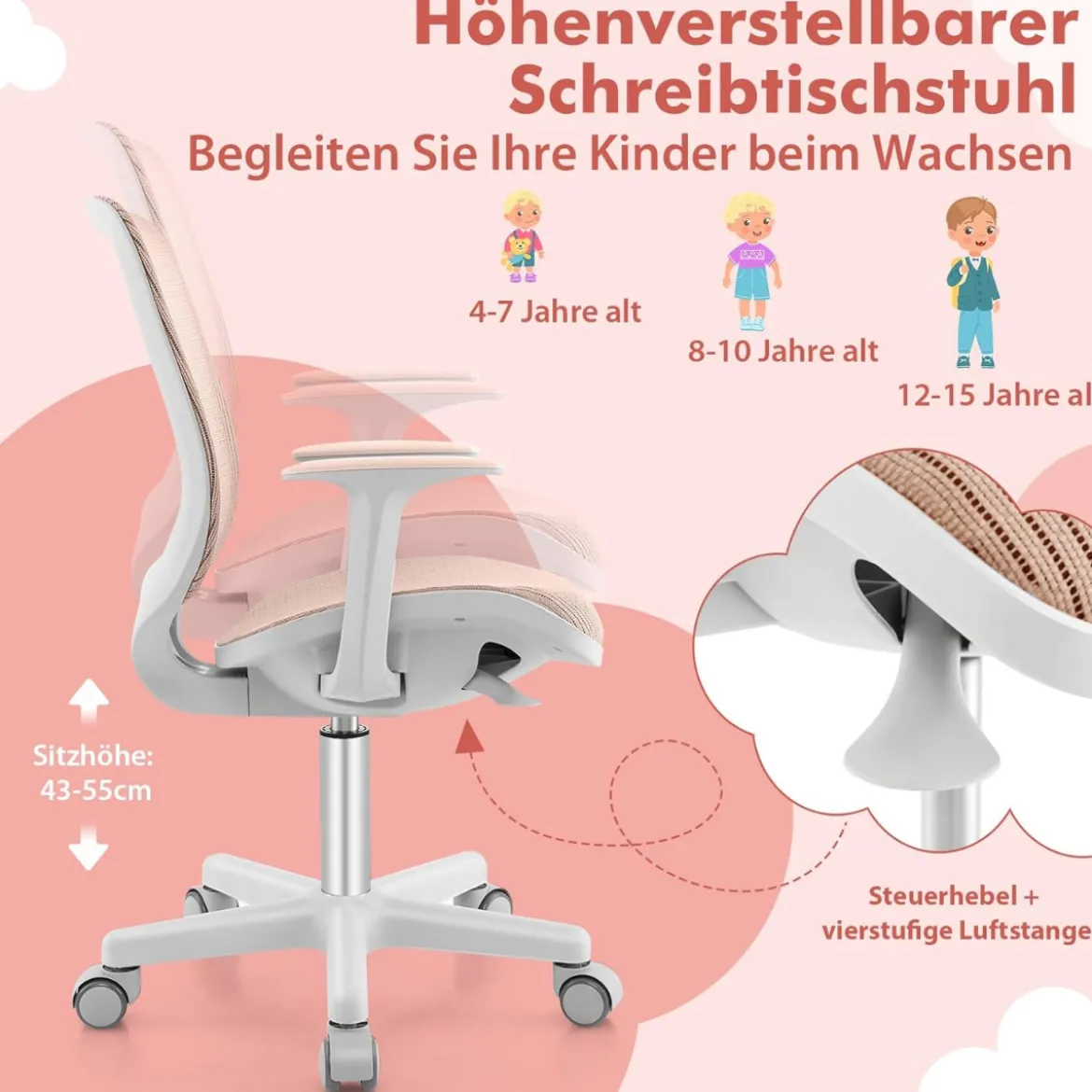 Höhenverstellbarer Kinderdrehstuhl mit Sitzbremse Ergonomischer Schreibtischstuhl Bürostuhl