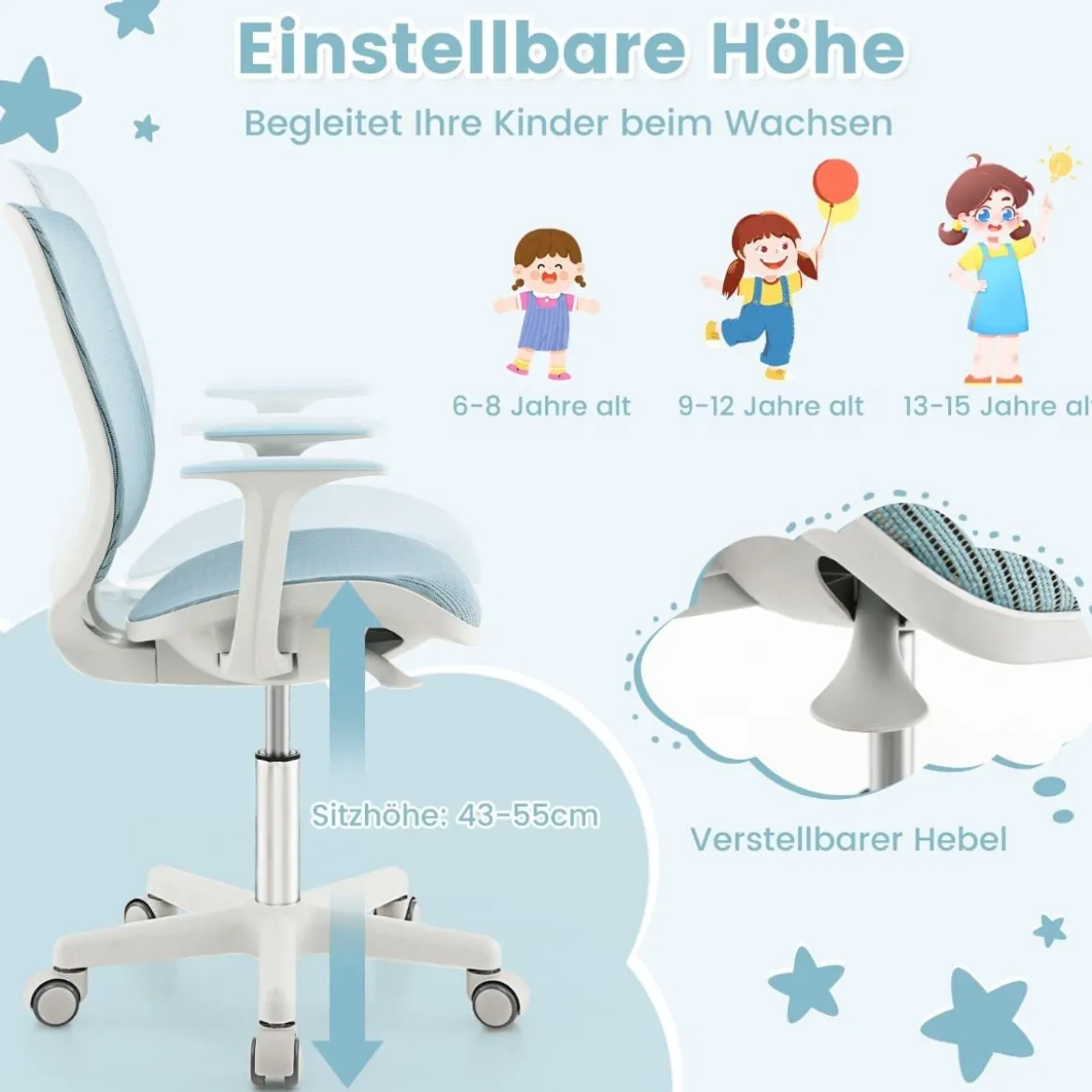 Höhenverstellbarer Kinderdrehstuhl mit Sitzbremse Ergonomischer Schreibtischstuhl Bürostuhl