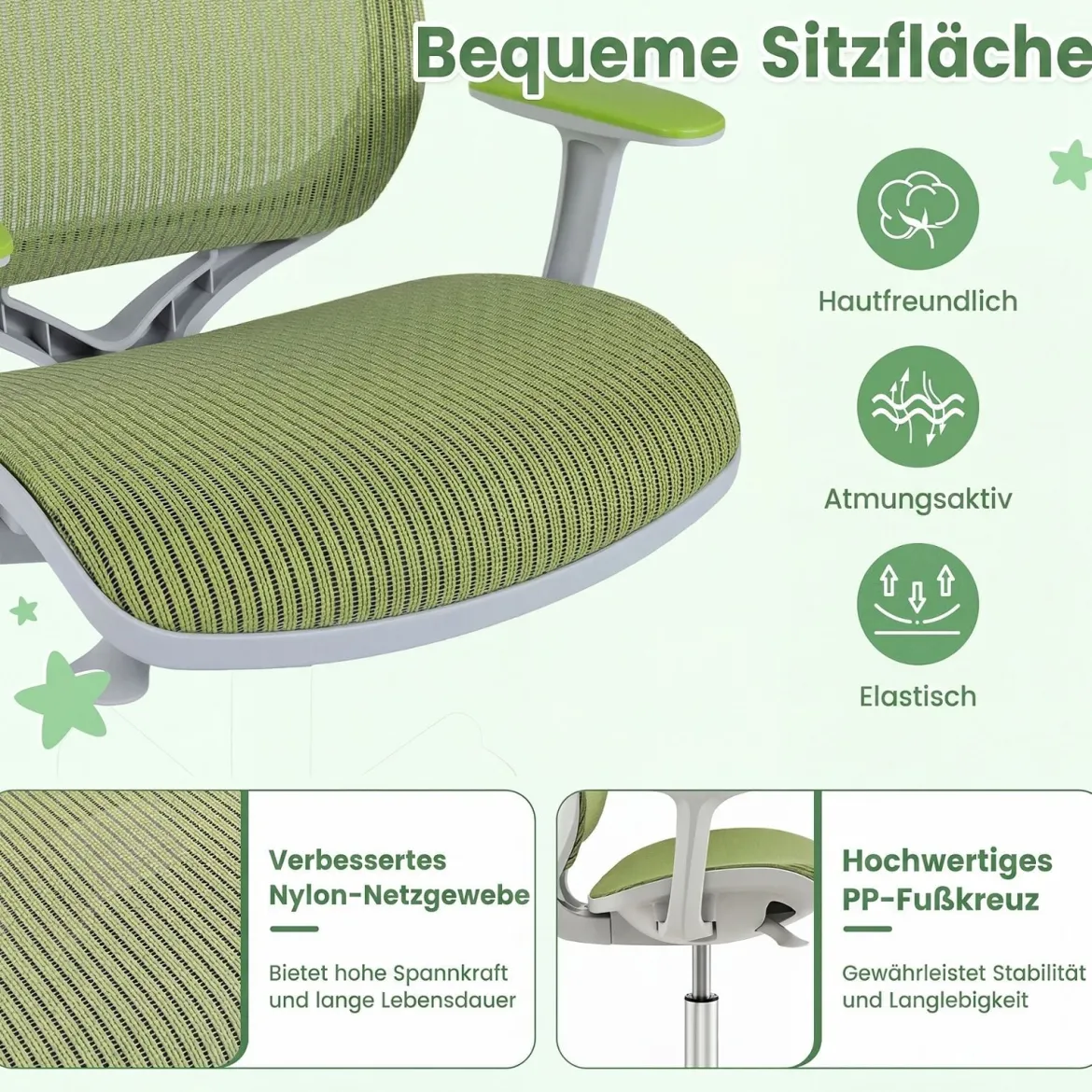 Höhenverstellbarer Kinderdrehstuhl mit Sitzbremse Ergonomischer Schreibtischstuhl Bürostuhl Grün