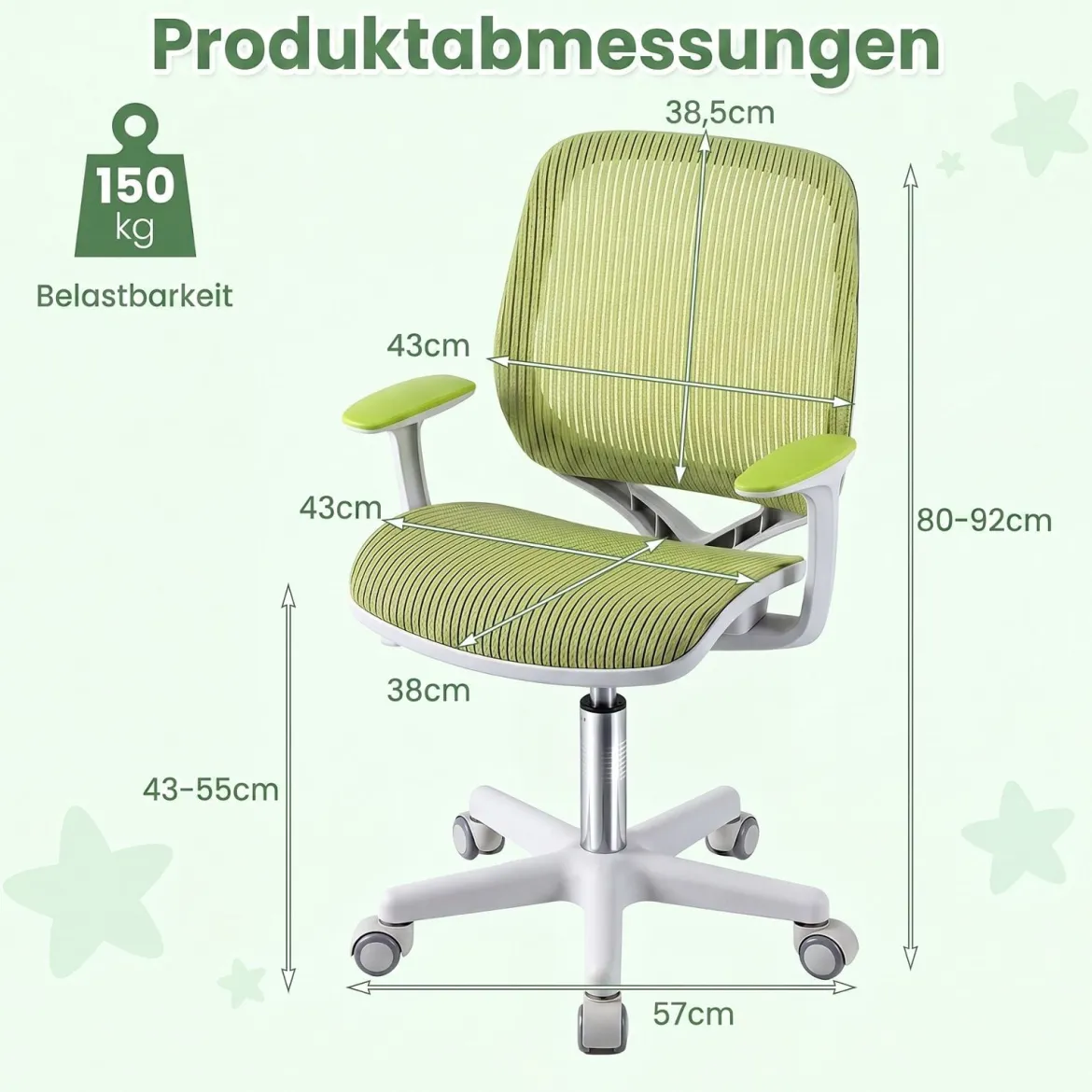 Höhenverstellbarer Kinderdrehstuhl mit Sitzbremse Ergonomischer Schreibtischstuhl Bürostuhl Grün