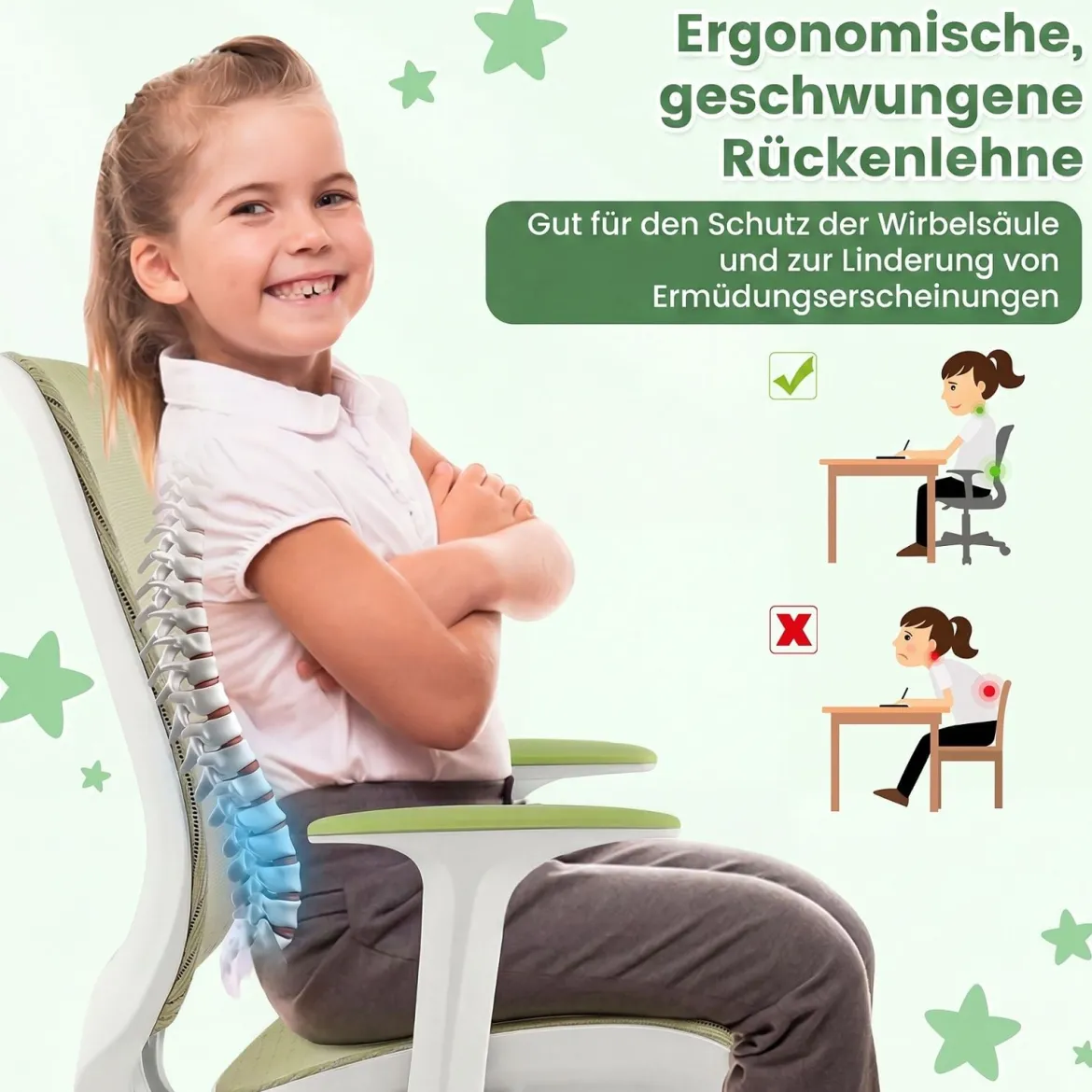 Höhenverstellbarer Kinderdrehstuhl mit Sitzbremse Ergonomischer Schreibtischstuhl Bürostuhl Grün