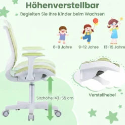 Höhenverstellbarer Kinderdrehstuhl mit Sitzbremse Ergonomischer Schreibtischstuhl Bürostuhl Grün
