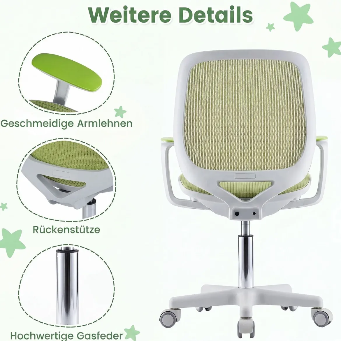 Höhenverstellbarer Kinderdrehstuhl mit Sitzbremse Ergonomischer Schreibtischstuhl Bürostuhl Grün