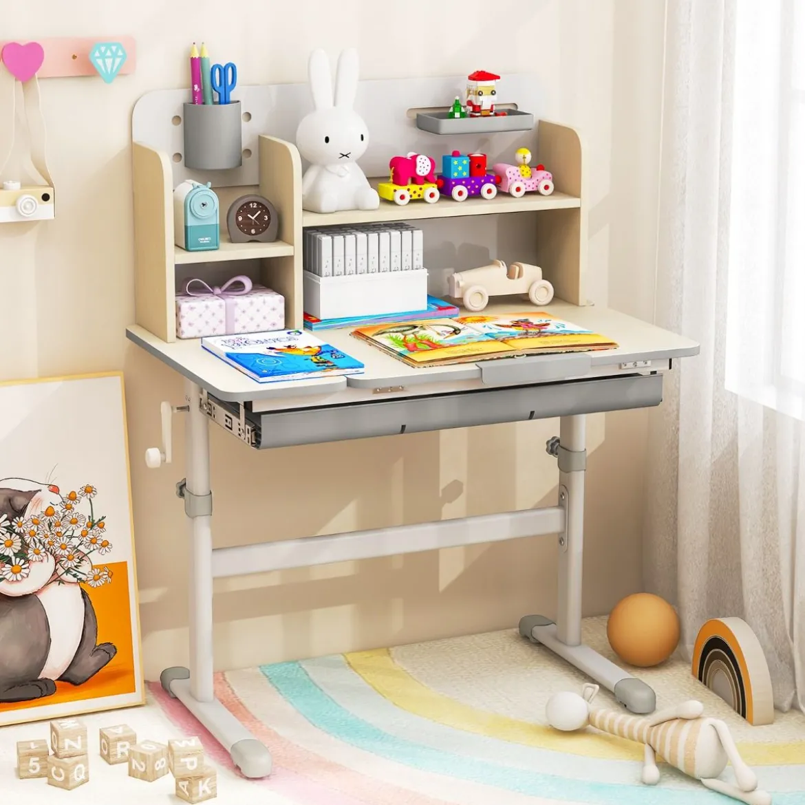 Höhenverstellbarer Kinderschreibtisch mit Neigbarer Tischplatte & Regalen & Schublade Studiertisch