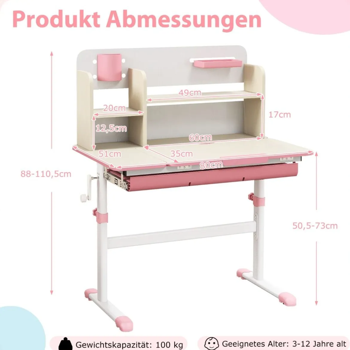 Höhenverstellbarer Kinderschreibtisch mit Neigbarer Tischplatte & Regalen & Schublade Studiertisch