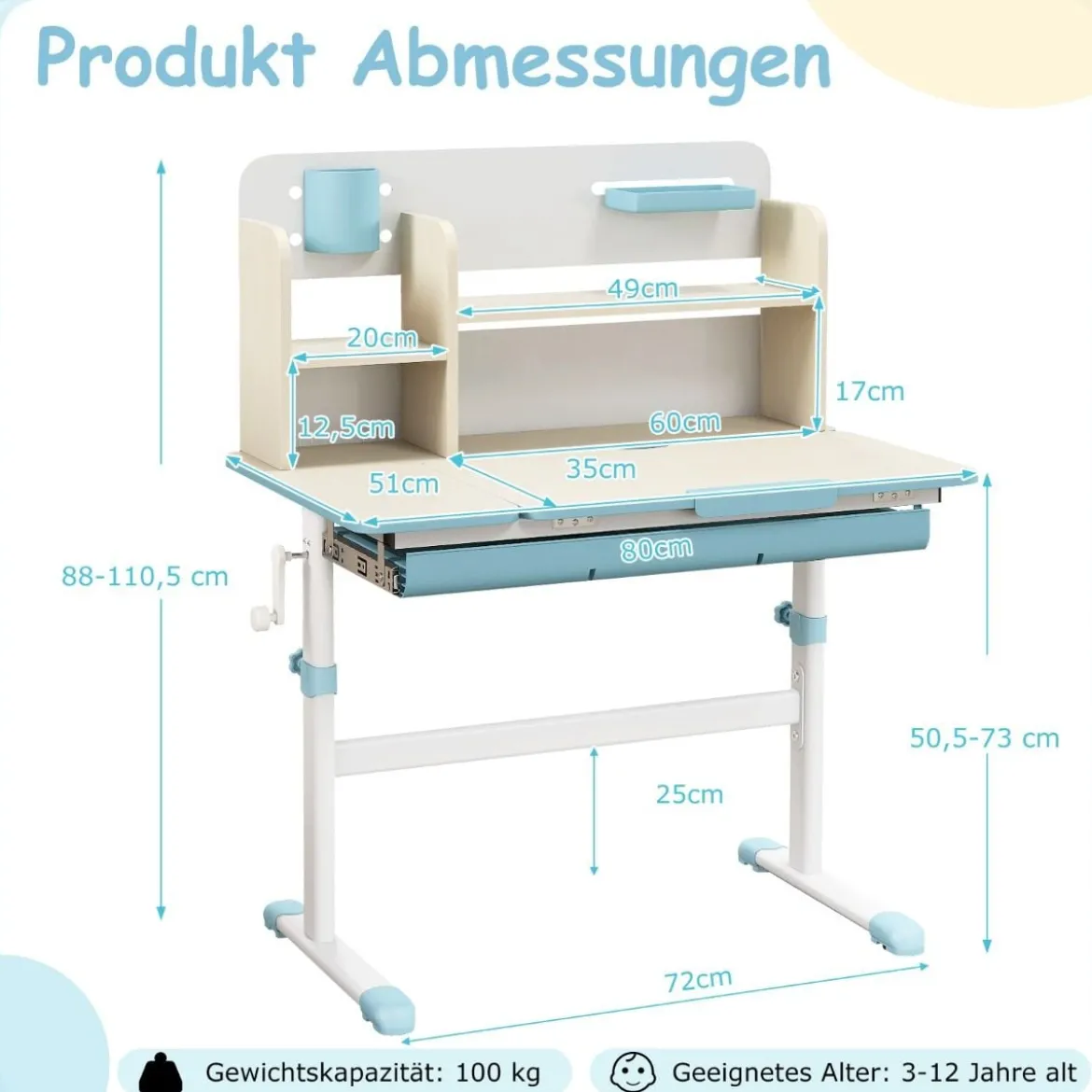 Höhenverstellbarer Kinderschreibtisch mit Neigbarer Tischplatte & Regalen & Schublade Studiertisch