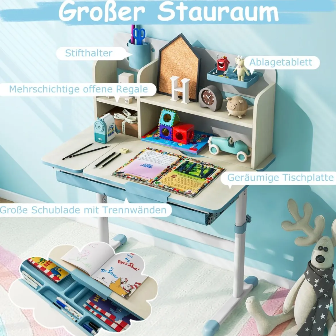 Höhenverstellbarer Kinderschreibtisch mit Neigbarer Tischplatte & Regalen & Schublade Studiertisch