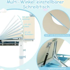 Höhenverstellbarer Kinderschreibtisch mit Neigbarer Tischplatte & Regalen & Schublade Studiertisch