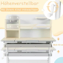 Höhenverstellbarer Kinderschreibtisch mit Neigbarer Tischplatte & Regalen & Schublade Studiertisch