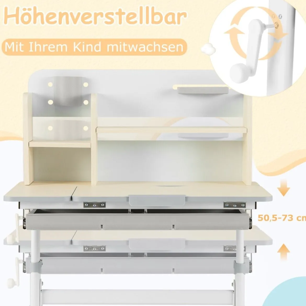 Höhenverstellbarer Kinderschreibtisch mit Neigbarer Tischplatte & Regalen & Schublade Studiertisch
