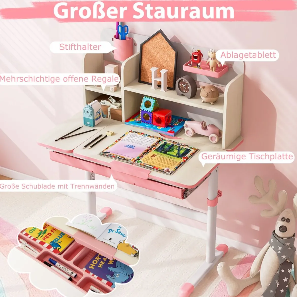 Höhenverstellbarer Kinderschreibtisch mit Neigbarer Tischplatte & Regalen & Schublade Studiertisch